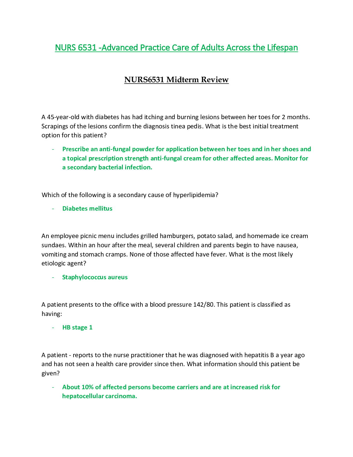 Preview of NURS 6531 / NURS6531 Midterm Review (Latest): Advanced Practice Care of Adults Across the